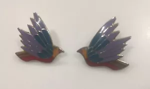 Vintage Laurel Burch "Celeste" Bird Stud Pierced Earrings Signed Colorful Enamel - Picture 1 of 2