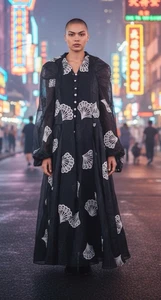 Black trumpet sleeve gossamer shimmer Wednesday Addams Prom dress faux pearls - Picture 1 of 19