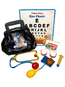 Vintage 1987 Fisher Price Medical Doctor Kit Bag + 6 Tools + Rare Eye Chart - Bild 1 von 8