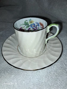 Aynsley Cup & Saucer England Bone Demitess Pink Floral Green Decorated Handle - Picture 1 of 9