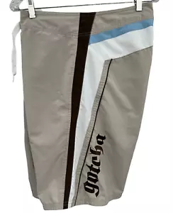 Vtg GOTCHA Sewn Logo Tan White Blue 10" Board Shorts Swim Trunks Mens Size 36 - Picture 1 of 10