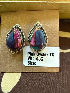 925 Sterling Silber Ohrstecker rosa Auster & Türkis Dahlie Navajo - Bild 1 von 5