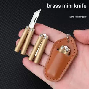 Mini Folding brass Knife Outdoor Keychain Pendant Cutter Pocket EDC Tool W/case - Picture 1 of 11