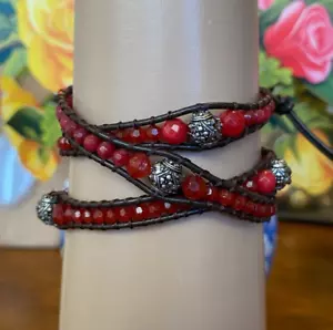 Lucky Brand Triple Wrap Bracelet Red Semi-Precious Stones Black Leather Cord NWT - Picture 1 of 9