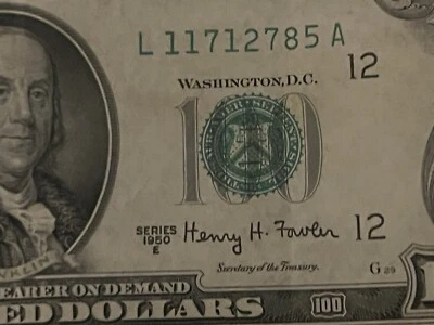 1950 ‘L’ 100 DOLLAR FEDERAL RESERVE NOTE  Rare Fence Serial # L 11712785 A - Image 1 of 4