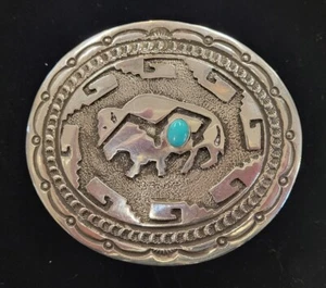 LG EMERSON KINZEL NAVAJO GÜRTELSCHNALLE INDIANER STERLING TÜRKIS BÜFFEL - Bild 1 von 3