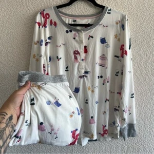 Kate Spade Women's White Henley Winter Theme Two Piece Pajama Set Size Large - Picture 1 of 16