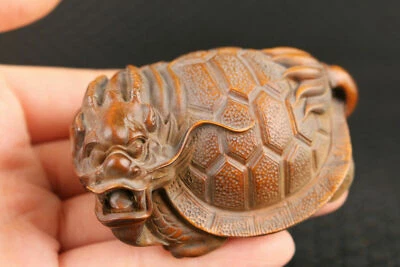 Japanese boxwood hand carved dragon tortoise statue netsuke collectable - Image 1 of 4