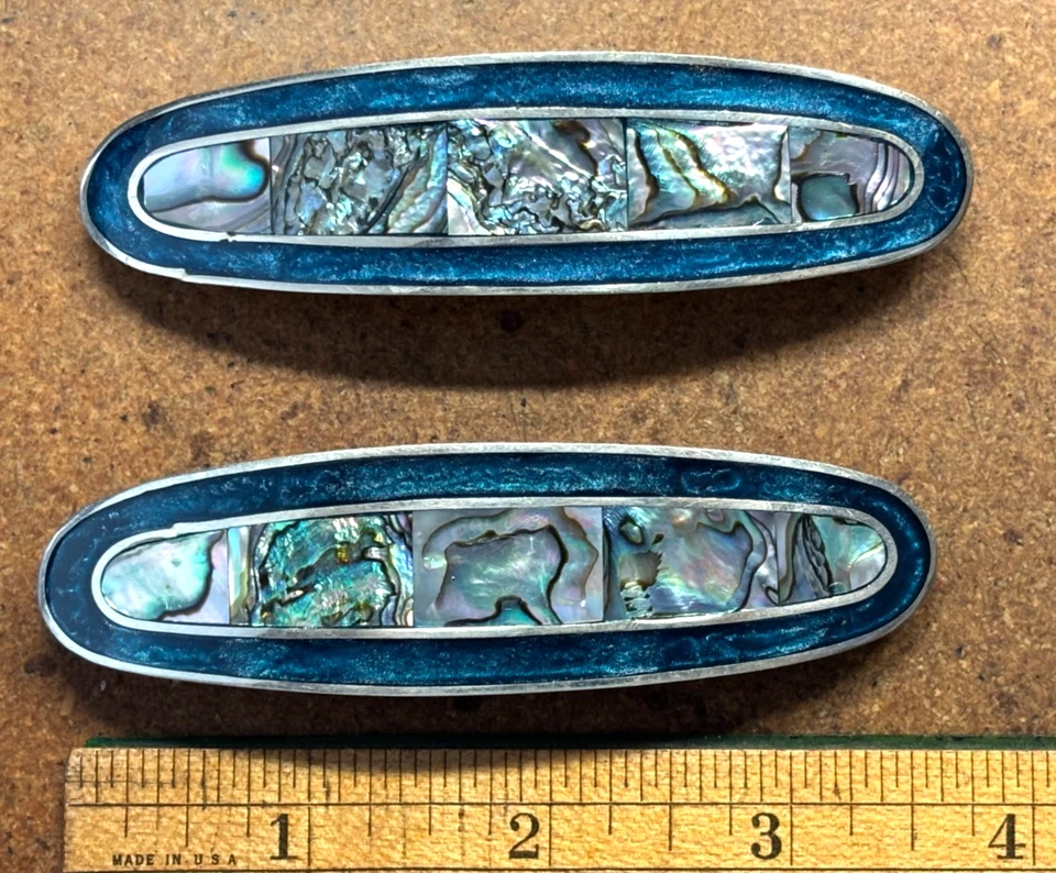 Lote DOS Alpaca México Plata ABALÓN Madre Perla Ovalada 4" CLIP DE PELO PASADOR Foto 1 de 4