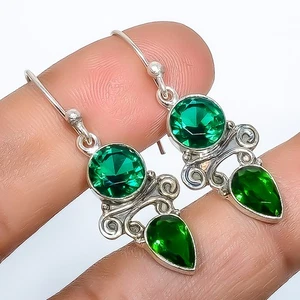 Smaragd Quarz (simuliert) versilbert Ohrring 1,56" M1410, Weihnachtsgeschenk - Bild 1 von 3