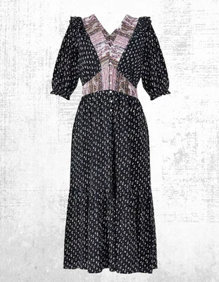 Women’s Monsoon Midi Jersey Dress Front & Back V-neck Frill Black Floral Cotton - Image 1 of 4