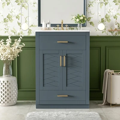 Tocador de baño 24 pulgadas fregadero de cerámica integrado 2 puertas 1 cajón abatible Foto 1 de 4