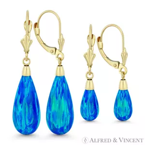 Ocean Blue Lab-erstellte Opal 14k Gelbgold Hebel Long Drop Hängel Ohrringe - Bild 1 von 3