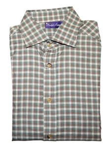 $425 Ralph Lauren Purple Label Mens Dress Shirt Italy Plaid Olive Brown Medium - Picture 1 of 2