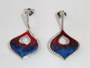 Orecchini a lobo in argento sterling 925 con smalto rosso e blu - Foto 1 di 7