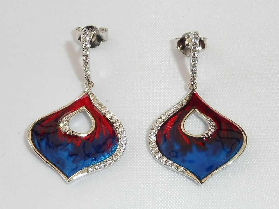 Orecchini a lobo in argento sterling 925 con smalto rosso e blu - Immagine 1 di 4