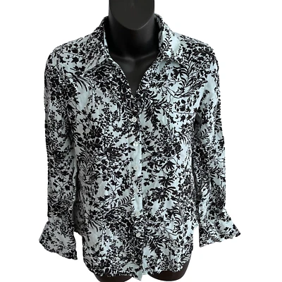 Jaclyn Smith женщин шелк блузка рубашка верхний размер 4 синий черный цветочный длинным рукавом - Изображение 1 из 4