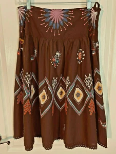 NWOT Brown A-Line Circle EMBROIDERED BEADED AMERICAN RAG SKIRT Anthropologie - Picture 1 of 12