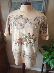 Camicia vintage Tie Dye Horses pesante Gildan taglia L stampa all over made in USA - Foto 1 di 4