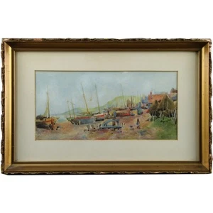 Signed Framed Antique Fishing Boat Landscape Watercolour Painting - 30 x 48 cm - Picture 1 of 4