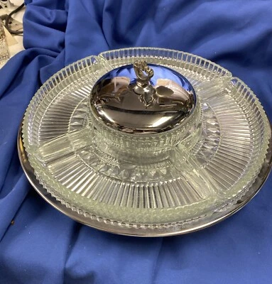 Kromex Lazy Susan Serving Platter 4 Glass Tray Dishes & Lided Bowl 13 5/8" Diam. - Image 1 of 4