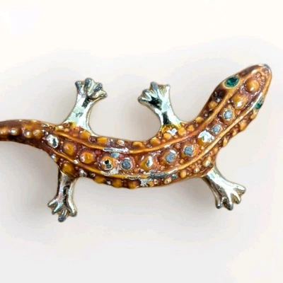 Broche prendedor vintage de lagarto gecko ojo de piedra verde marrón esmalte tono dorado Foto 1 de 4