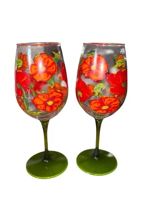 Lolita Best Of The Bunch Acrylic Wine Glasses Set Of 2 Green Orange Flowers - Image 1 of 4