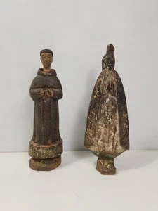 Par de estatua de madera policromada del siglo XVIII de un santo con Biblia y Virgen en oración - Imagen 1 de 24