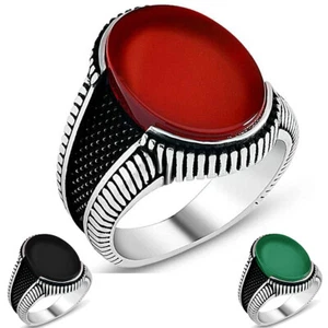 Solid 925 Sterling Silver Turkish Style Red Green Agate Onyx Stone Men's Ring - Picture 1 of 10