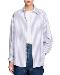 Sandro Striped Rhinestone Trim Shirt - White - Size 2 - Picture 1 of 3