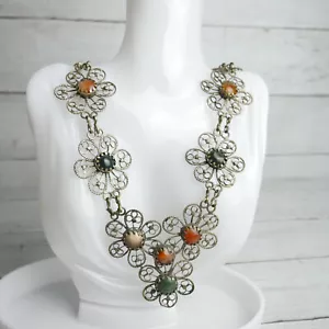 Vintage Hippie Flower Power Filigree Gemstones Bib Necklace Indian Style - Picture 1 of 10