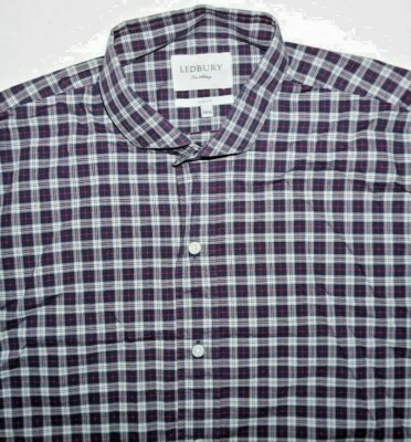 Ledbury Red White Purple Cotton Plaid Slim Fit Button Down Dress Shirt 16.5 US - Image 1 of 4