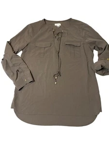 Chicos Secretly Smooth Linda Brown Lace-Up Blouse Shirt Roll Tab Sleeves Sz 0 S - Picture 1 of 5