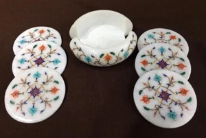 4" Luxury Marble Coaster Set Semi Precious Stone Inlay Art for Office Desk Decor - Picture 1 of 9