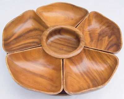 Vintage 70s Wood Lazy Susan 7 Piece Set Removable Serving Dishes 13.5 Inch - Image 1 of 4