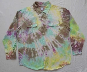 Silk Tie Dye Green Blue Yellow Long Sleeve Button Up Shirt - Large Hand Made - Picture 1 of 7