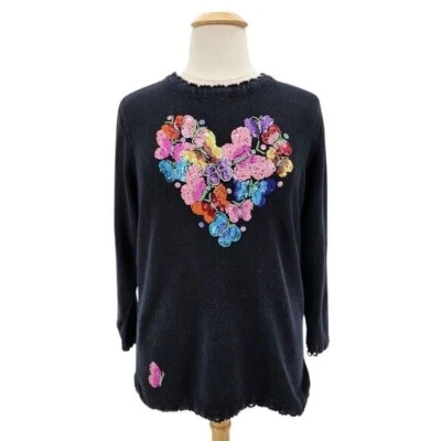Vintage Quacker Factory Womens 1X Sweater Embellished Sequins Heart Butterfly - Image 1 of 4