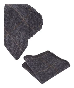 Boys Charcoal Grey Herringbone Tweed Windowpane Check Slim Tie & Hanky Set - Picture 1 of 7