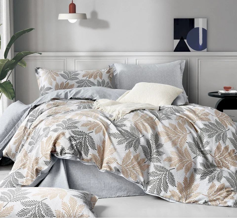 Reversible Comforter Set Queen King Botanical Leaf Gray Beige Modern All Season - Image 1 of 3