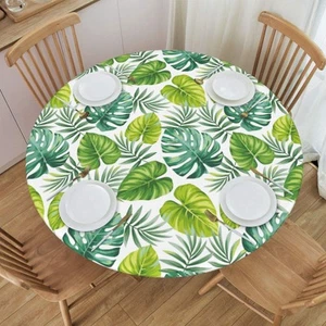 Elastic Edged Round Fitted Green Tropical Palm Leaves Table Cloth Cover - Picture 1 of 7