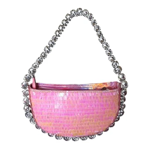 Pink Iridescent Semi Circle Bag Sequin Purse Diamante Strap Handbag Occasion - Picture 1 of 13