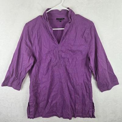 Top túnica Eileen Fisher púrpura mezcla de lino manga 3/4 elástico con aberturas laterales M Foto 1 de 4