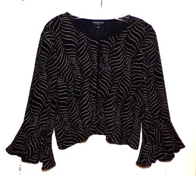 CHAQUETA DE NOCHE PERCEPTIONS BRILLANTE DE PUNTO NEGRO Y DORADO ENCOGERSE DE HOMBROS Talla S Foto 1 de 4