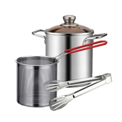 Pot à frire 2,6 L inox avec tamis et pince - Convient pour cuisinière à induction et gaz - Photo 1/4