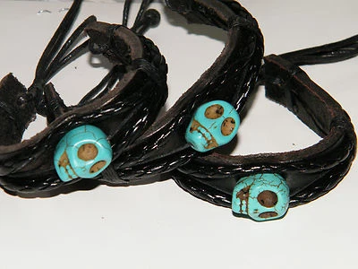 SKULL Head Bracelet Gothic Punk ReaL Blue Howlite Real Black  Soft Leather NEW! - Image 1 of 4