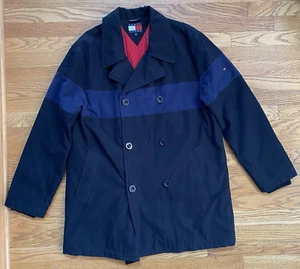 Vintage Tommy Hilfiger Tommy Jeans Quilted Black Blue Stripe Pea Coat Men Medium - Picture 1 of 8