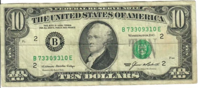 1985 10$ Federal Reserve Note - Green Seal - KDO/JAB B73309310E - #13738 - Image 1 of 2