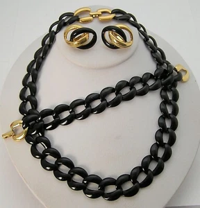 1980's Black Enamel & Gold Dome Twist Cable Style Parure Bracelet Necklace E/R's - Picture 1 of 16