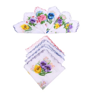 Fazzoletti in cotone da donna 10 pezzi assortiti con bordo ondulato e stampa - Foto 1 di 11