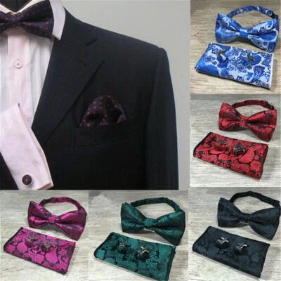 Paisley Floral Men Woven Silk Wedding Self Bow Tie handkerchief Set and Cufflink - Изображение 1 из 4